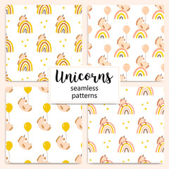 Set of cute seamless vector patterns with unicorns. A collection of illustrations in delicate shades. - 309156240