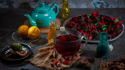 Red Hot Hibiscus tea in a glass mug