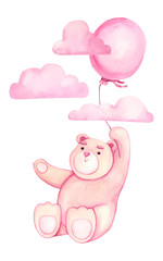 Watercolor hand drawn cute cartoon bear with the ballon in the air. Valentines day illustration. 