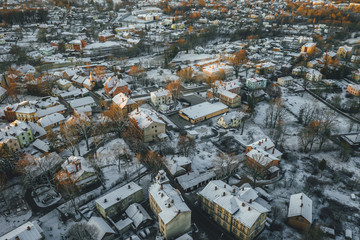 Aerial view on small European city in cold winter morning, city of Cesis, Latvia