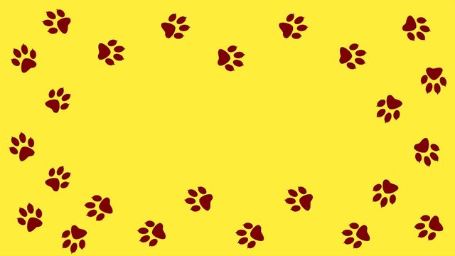 Frame Traces of animal print on yellow background.  Background with animal paw prints. Cartoon comic funny paws.