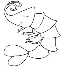 Sea life. Vector illustration. Cute shrimp Best for children colorong. Balck and white. Stroke. Underwater world, marine animals. Hand drawn cute. Isolated on white background