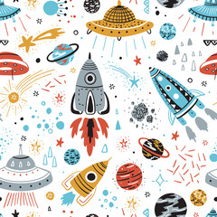 Space Background for Kids. Vector Seamless Pattern with Cartoon Rockets, Planets, Stars, Comets and UFOs