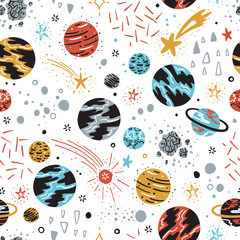 Space Background for Kids. Vector Seamless Pattern with Cartoon Planets, Stars and Comets