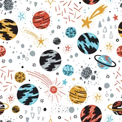 Behang Kosmos Ruimte achtergrond voor kinderen. Vector naadloos patroon met cartoonplaneten, sterren en kometen