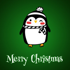 Fototapeta na wymiar Christmas Cute Little Penguin with Santa s Cap. Christmas cute animal cartoon character. Winter green gradient background.