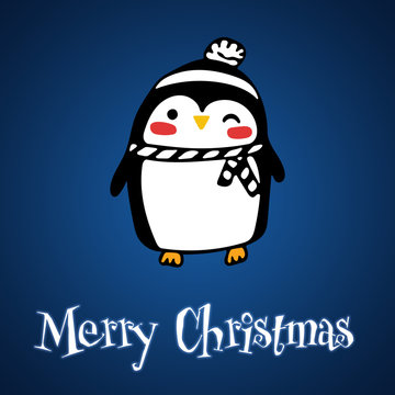 Christmas Cute Little Penguin with Santa s Cap. Christmas cute animal cartoon character. Winter blue gradient background.
