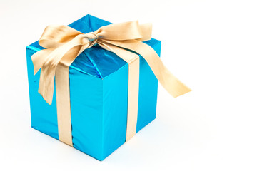 Gift box with ribbons and christmas decor isolated on white background. Happy birthday colorful gift