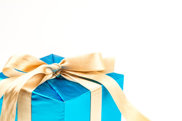 Gift box with ribbons and christmas decor isolated on white background. Happy birthday colorful gift