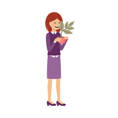 Young woman holds a domestic plant. Vector illustration