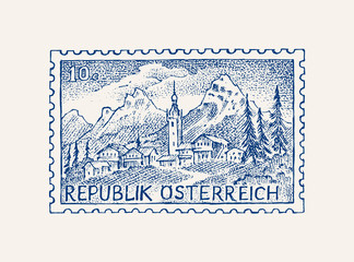 Obraz premium Vintage Postage stamp for album. Ancient landscapes. Retro old Sketch. Monochrome Postcard sticker. Hand drawn engraved retro mark, travel label. Decoration Element for print banner, poster and logo.