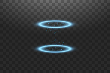 Futuristic teleport. Magic fantasy portal. Light effect. Blue candles rays of a night scene with sparks on a transparent background. Empty light effect of the podium. Disco club dancefloor.
