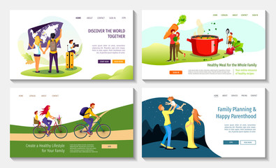 Fototapeta na wymiar Set of web page design templates for Healthy eating, Happy family, healthy lifestyle, family planning, travel. Vector illustration in a flat style for poster, banner, website, presentati