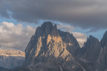 Distance view of the details of the Plattkofel mountain peak on Alpe di Siusi, South Tyrol, Italy