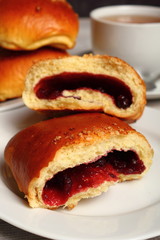 Blueberry Bun. Bun made from yeast dough, filled with bilberries, delicately covered with crumble.