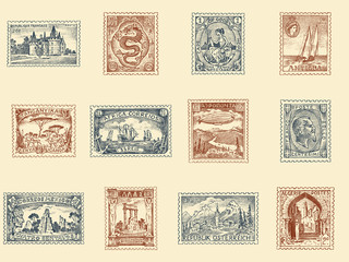 Fototapeta na wymiar Vintage Postage stamps set. Ancient landscapes, dragon and sailing ship. Retro old Sketch. Monochrome Postcard. Hand drawn engraved retro mark, frames collection for print banner, poster and logo. 