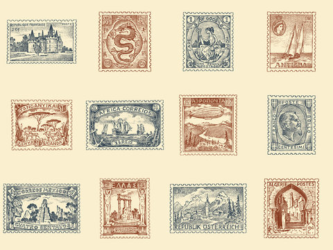 Vintage Postage stamps set. Ancient landscapes, dragon and sailing ship. Retro old Sketch. Monochrome Postcard. Hand drawn engraved retro mark, frames collection for print banner, poster and logo. 