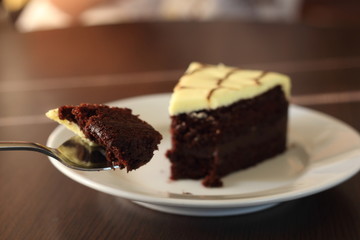 Slice of banana chocolate cake
