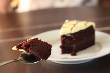 Slice of banana chocolate cake