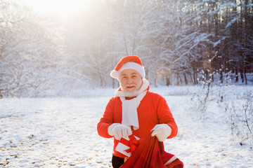 Obraz premium Thanksgiving day and Christmas. Merry Christmas and Happy New Year concept. Merry Christmas and Happy new year. Santa Claus with a huge bag.