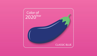 Main color of year 2020 Classic blue. Blue eggplant in a white square on a pink background. Swatch trend color for fashion industry. Vector illustration EPS 10