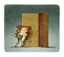 Business woman has opened a door and is covered with bricks. adversity concept - 309163821