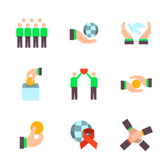 Charity, sponsorship,donation and donor icon set in flat style. Vector symbols.
