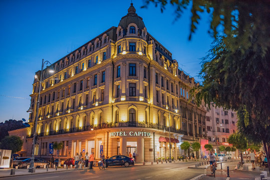 Bucharest, Romania - June 20, 2017: Bucharest city center view at night, on Calea Victoriei.