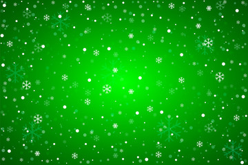 Christmas green background. Winter background with falling snowflakes.