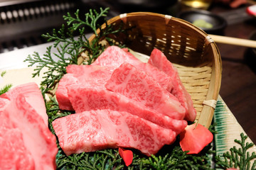 Premium raw Japanese kobe beef sliced