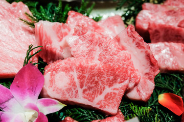 Premium raw Japanese kobe beef sliced