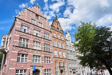 Facades historic tenement houses building in Gdansk.