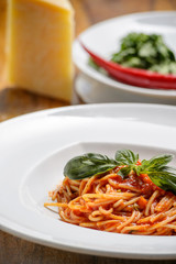 Durum wheat pasta with a cheese, basil and a spicy pepper	