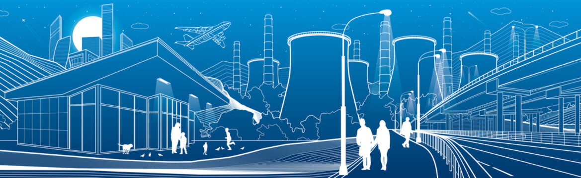 Outline industry and city panorama. Evening town urban scene. People walking at garden. Illuminated highway  Night shop. Power Plant in mountains. White lines on blue background. Vector design art