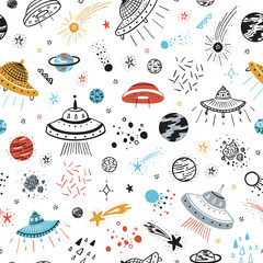 Space Background for Kids. Vector Seamless Pattern with Cartoon UFOs, Planets, Stars and Comets