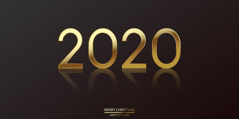 Happy 2020 Year card with glitter gold text on black. Vector