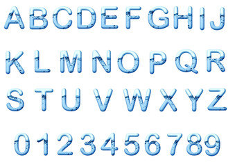 AQUA BLUE WATER AND WATER BUBBLE APLHABET LETTERS A to Z numbers 1 to 10