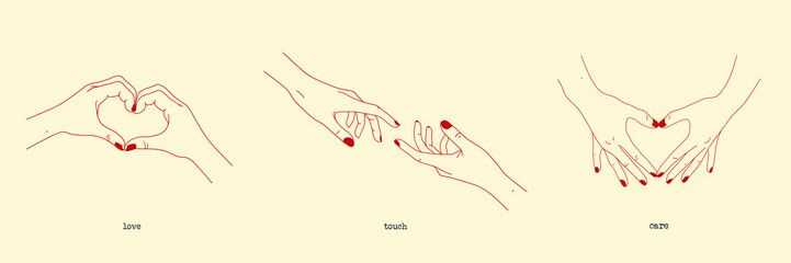 Set of hand gestures showing romantic human relationships. Love and care. Vector illustration with heart shaped hands, reaching hands. Conceptual background with body language for design