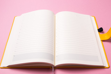 Diary with open blank pages for inscription on a pink isolated background.