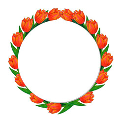 Floral wreath of orange tulips. Round floral frame for greeting cards, design, wedding announcements, design of posts for social networks. Hand drawn by markers