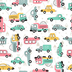 Cartoon vervoer achtergrond voor kinderen. Vector naadloos patroon met doodle speelgoedauto& 39 s