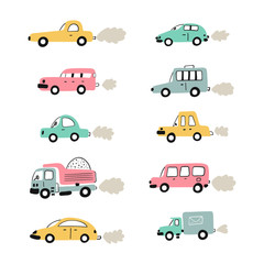 Cartoon Transport Set for Kids. Vector set with doodle Toy Cars.