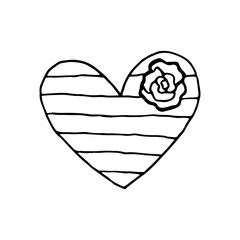 Heart with flower and stripes vector doodle illustration. Love. St. Valentine's Day. Sticker, icon, coloring page.