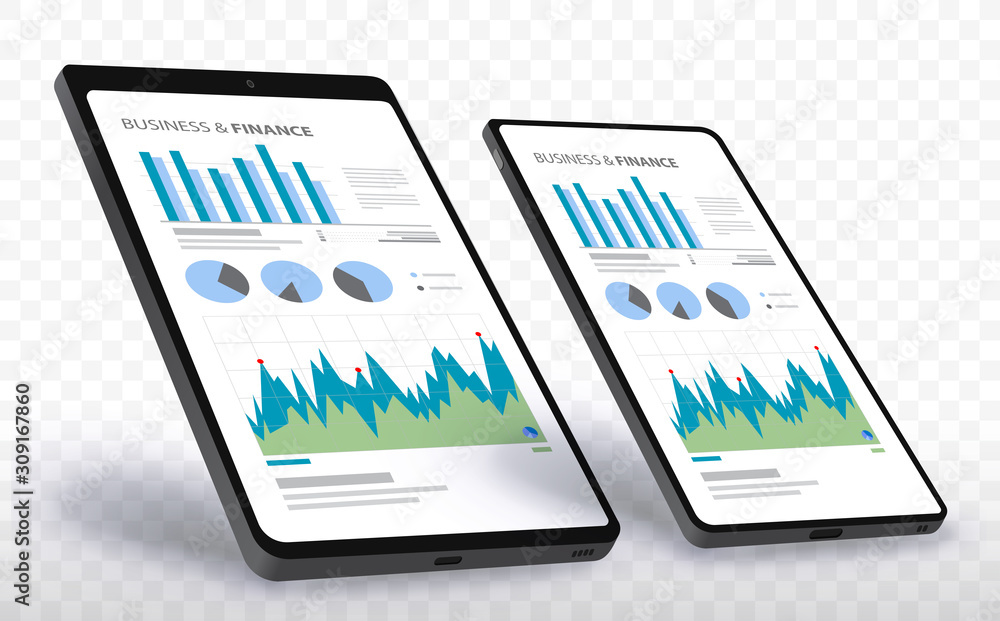Poster mobile phone and tablet computer screens with financial charts and graphs
