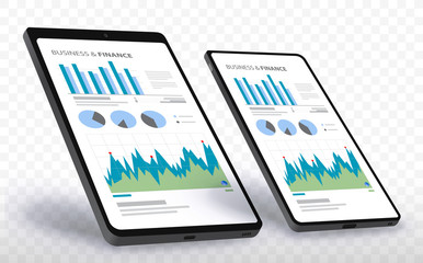 Mobile Phone and Tablet Computer Screens With Financial Charts and Graphs
