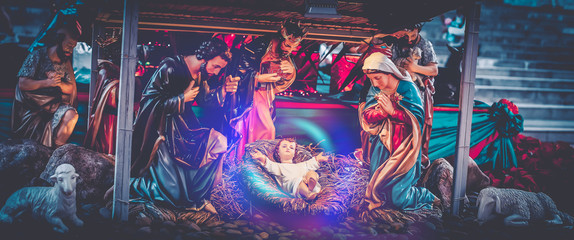 Traditional Christmas scenes and sacred light shining for use in illustration design Nativity...