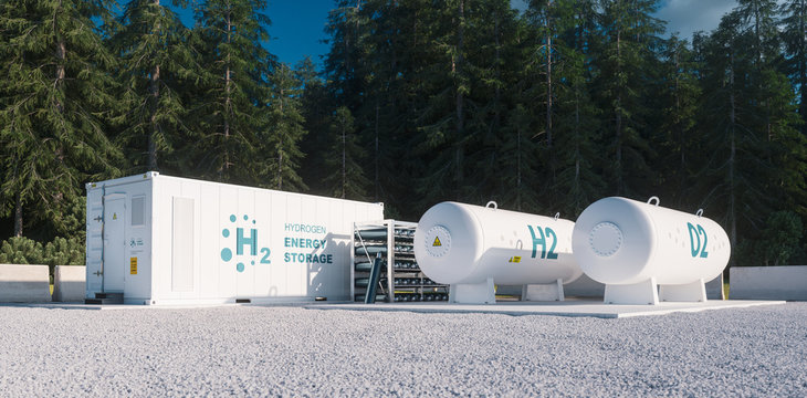 Environmentally friendly solution of renewable energy storage - hydrogen gas to clean electricity facility situated in forest environment. 3d rendering.