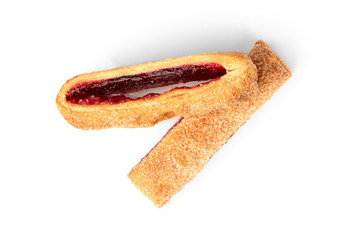 Puff pastry with cherry or raspberry jam isolated on white background.