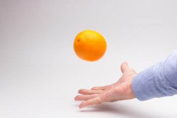 Naranja entera en la manode una persona adulta; naranja madura y preparada para ser consumida.