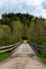 Aerial view on a small wooden bridge and trees